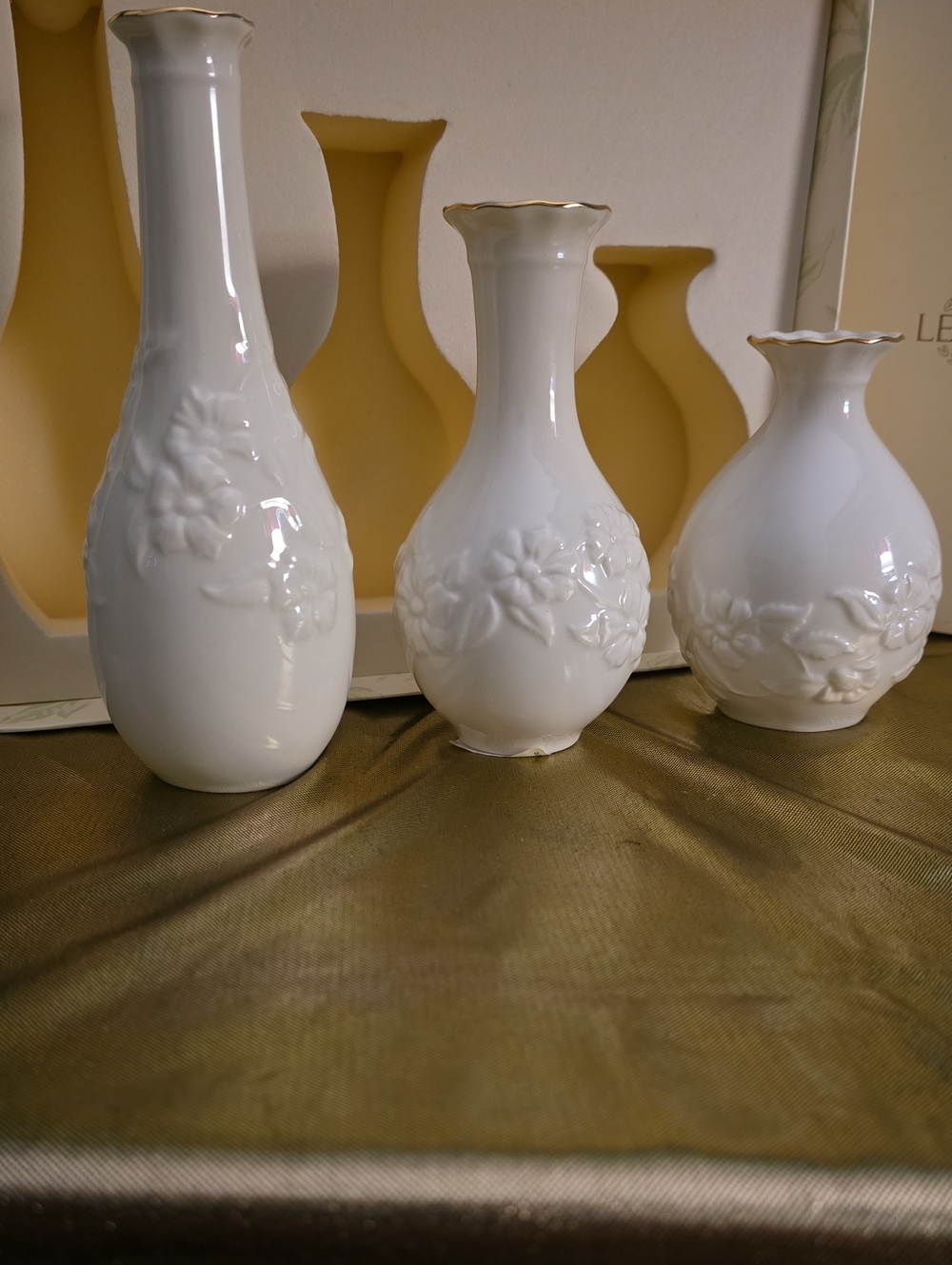 Lenox White Porcelain Bud Vase Trio with Gold Rim